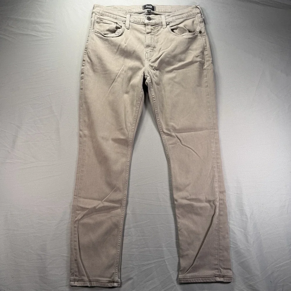 Paige Jeans Mens 34x32 Beige Stretch Federal Slim Straight Pants 5 Pocket